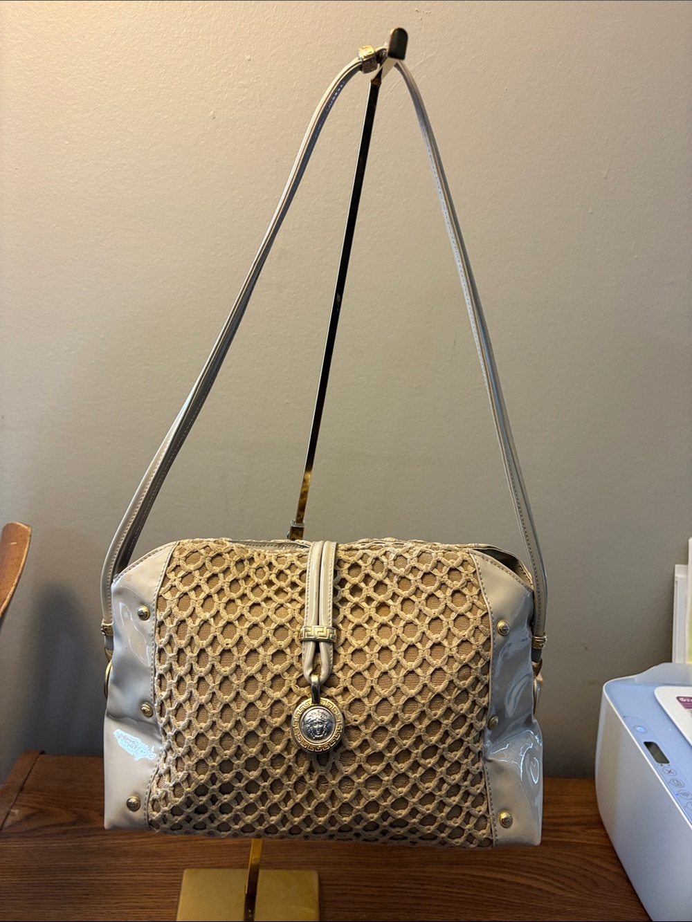 Versace Medusa silver & gold khaki raffia and cream patent leather shoulder bag